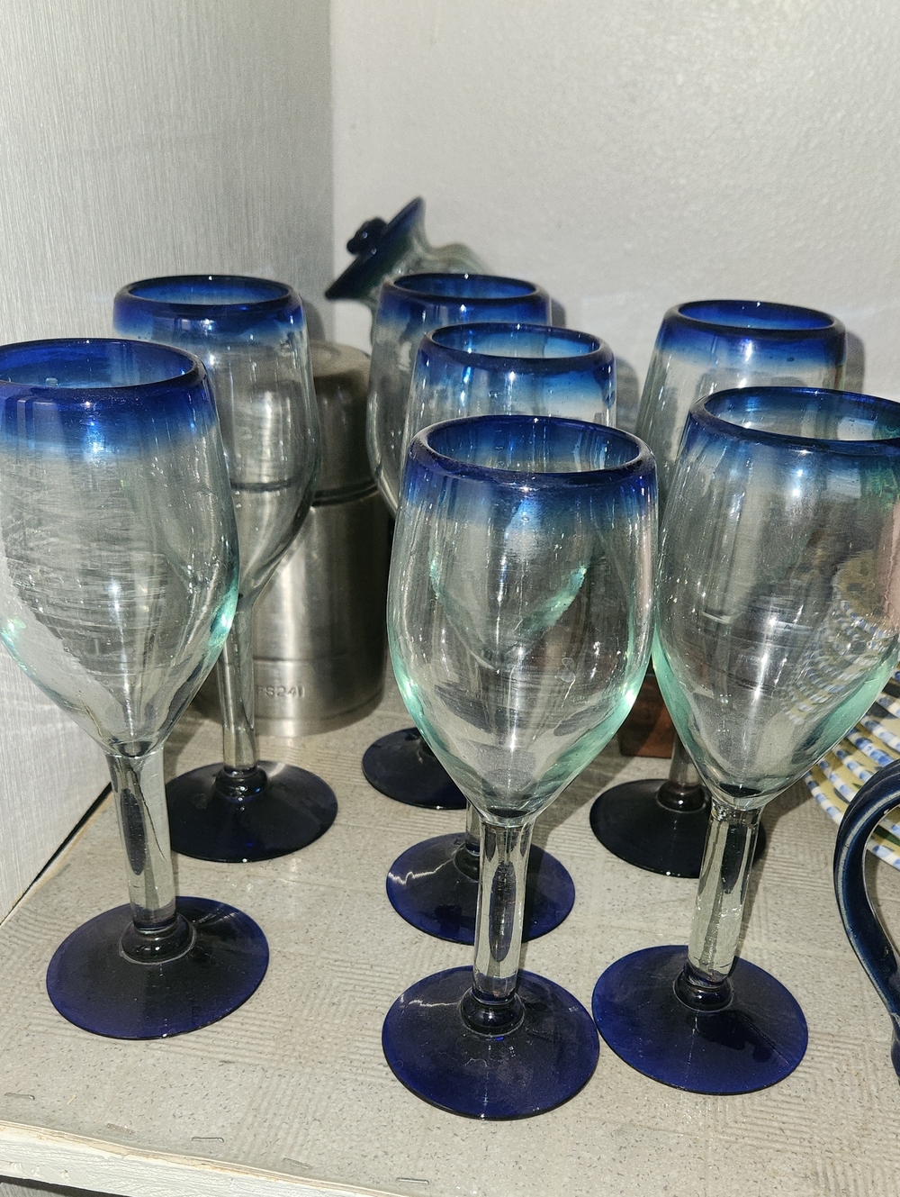Blue-Rimmed Stemmed Wine Glasses - Set of 8